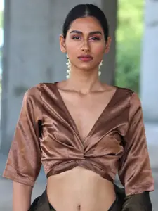 Chidiyaa Brown Solid Saree Blouse