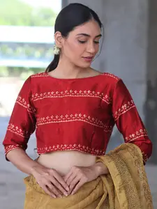 Chidiyaa Red Block-Printed Silk Saree Blouse