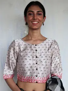 Chidiyaa Women White Printed Silk Saree Blouse