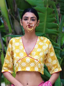 Chidiyaa Yellow Printed Saree Blouse