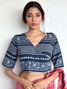 Chidiyaa Women Navy Blue Handprinted Cotton Angarakha Saree Blouse