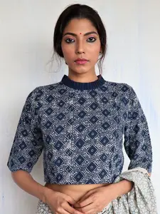 Chidiyaa Blue & Beige Printed Saree Blouse