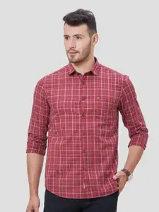 Oxemberg Men Maroon Classic Slim Fit Grid Tattersall Checks Checked Casual Shirt