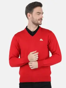 Monte Carlo Men Red Solid V Neck Pure Wool Pullover