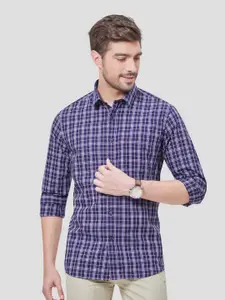 Oxemberg Men Navy Blue Classic Slim Fit Grid Tattersall Checks Checked Semiformal Shirt