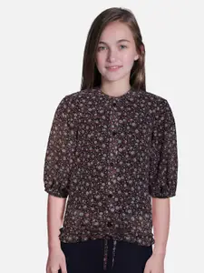 Gini and Jony Girls Brown and Black Floral Printed  Round Neck Top