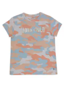 Gini and Jony Girls Orange & Blue Camouflage Printed T-shirt