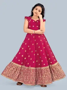 FASHION DREAM Maroon & Gold-Toned Ethnic Motifs Crepe Ethnic Maxi Dress