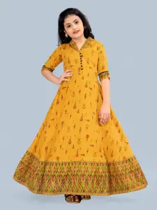 FASHION DREAM Yellow Ethnic Motifs Crepe Ethnic Maxi Dress