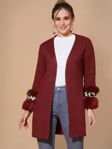 Mafadeny Women Maroon & Beige Party Longline Shrug