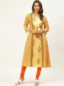 FABRIC FITOOR Women Cotton Floral Printed Round Neck Kurta with Jacket