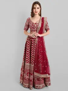 TIKODI Red & Gold-Toned Embroidered Sequinned Semi-Stitched Lehenga & Unstitched Blouse With Dupatta