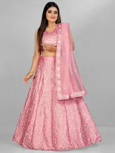 TIKODI Pink Embroidered Sequinned Semi-Stitched Lehenga & Unstitched Blouse With Dupatta