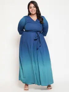 Amydus Women Plus Size Blue & Teal Tie and Dye Maxi Wrap  Dress