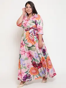 Amydus Women Plus Size  Pink & Peach-Coloured Floral Maxi Wrap Dress
