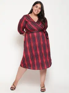 Amydus Women Plus Size  Red & Black Striped Midi Wrap Dress