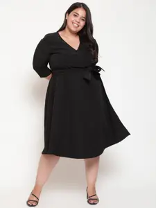 Amydus Women Plus Size Black Midi Wrap Dress