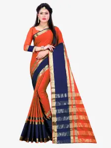 Indian Fashionista Orange & Navy Blue Woven Design Zari Silk Cotton Saree