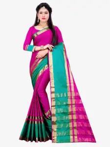 Indian Fashionista Pink & Green Woven Design Zari Silk Cotton Mysore Silk Saree