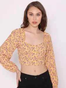 FLAWLESS Womens Yellow Floral Print Sweetheart Neck Crepe Crop Top