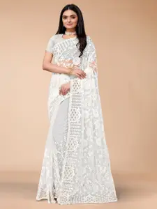 Mitera White Floral Embroidered Net Saree