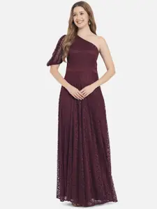 Just Wow Women Burgundy One Shoulder Lace Maxi Dress