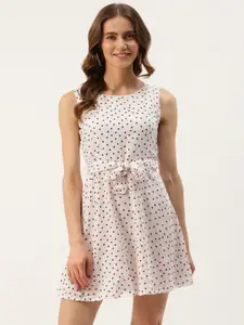 U&F Women White & Red Heart Print Crepe A-Line Dress