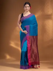 Arhi Blue & Copper-Toned Woven Design Zari Pure Cotton Fusion Saree
