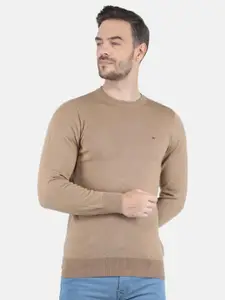 Monte Carlo Mens Pure Wool Beige Solid Round Neck Pullover