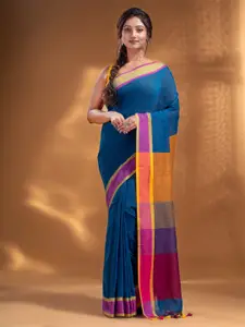 Arhi Blue & Orange Solid Pure Cotton Saree