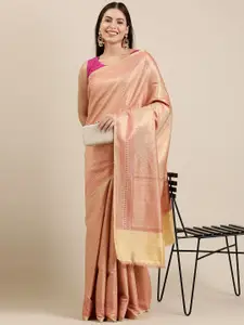 The Chennai Silks Gold-Toned & Rose Floral Zari Art Silk Fusion Banarasi Saree