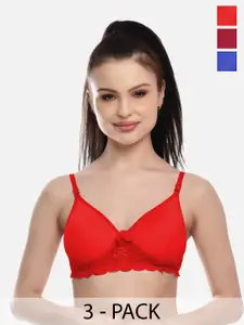 FIMS Women Red Blue & Maroon Pack of 3 Lace Lightly Padded Bra