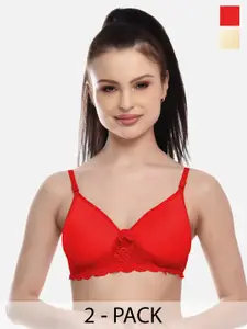 FIMS Pack of 2 Red & Beige Lightly Padded Cotton Lace Everyday Bra MTR_Pad_Bra_RedBeige_B