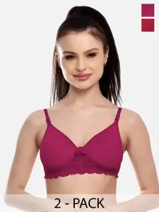 FIMS Pack of 2 Purple & Maroon Lace Bra-  Lightly Padded