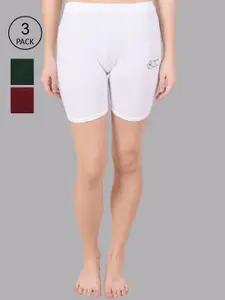 Apraa & Parma Women Pack of 3 White, Green and Maroon Slim Fit Cycling Sports Shorts