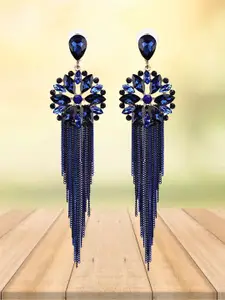 YouBella Women Blue Stone Studded Contemporary Tasseled Drop Earrings