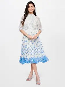 AND Women White & Blue Floral Print Dress