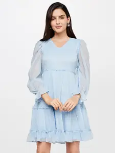 AND Women Blue Polka Dots Puff Sleeves V Neck Fit & Flare Dress