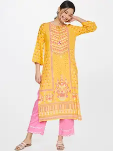 Global Desi Women Mustard Yellow Ethnic Motifs Printed Kurta