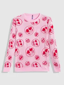 YK Girls Pink & Red Emoji Printed Pullover