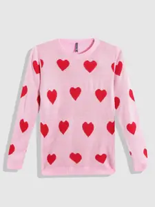 YK Girls Pink & Red Heart Printed Pullover