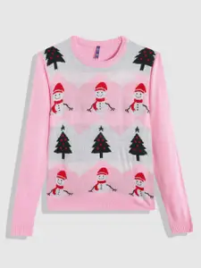 YK Girls Pink Christmas Printed Round Neck Pullover