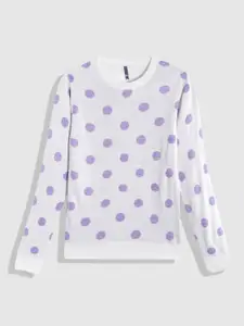 YK Girls White & Lavender Polka Print Pullover