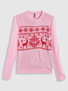 YK Girls Pink & Red Christmas Motif Printed Pullover
