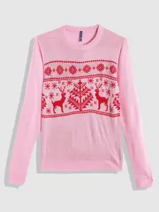 YK Girls Pink & Red Christmas Motif Printed Pullover