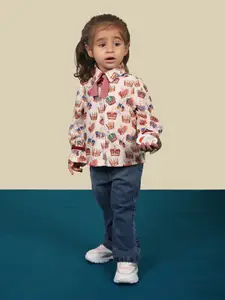 One Friday Girls Cream-Coloured Printed Casual Shirt