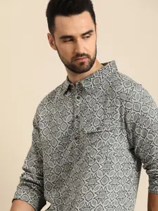Anouk Men Grey Geometric Pattern Woven Kurta with Chest Flap Pocket