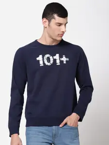 Lee Men Blue Printed Detachable Hood Cotton Sweatshirt