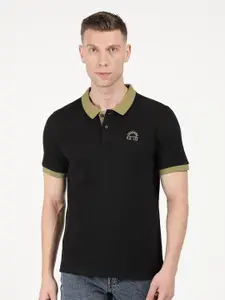 Lee Men Black & Olive Green Polo Collar Slim Fit Cotton T-shirt