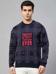 Marks & Spencer Men Navy Blue & Red Pure Acrylic Typography Checked Pullover